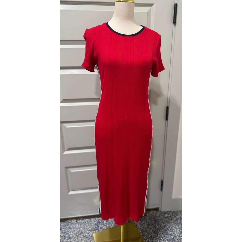 Tommy Hilfiger Ribbed T-Shirt Dress Bodycon Casual White Stripe Red Size S